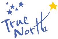 Logo with 'True North' text and stars on a green background