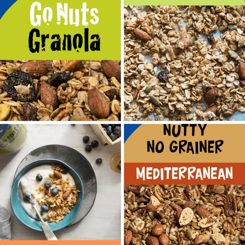 Images of Go Nuts Granola and Nutty No Grainer Mediterranean - bulk tags, granola on a counter, and granola in a bowl of yogurt