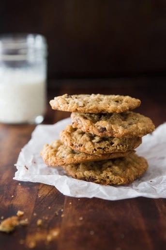 Pile of granola chocolate chip cookies from our Cookie Mix with milk