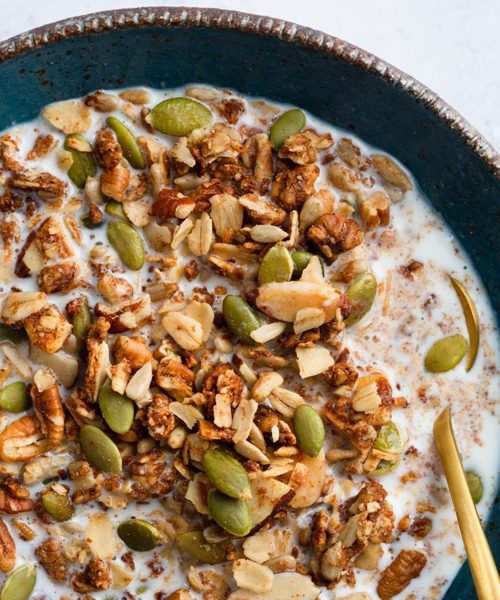 Bowl with milk and First Date Granola