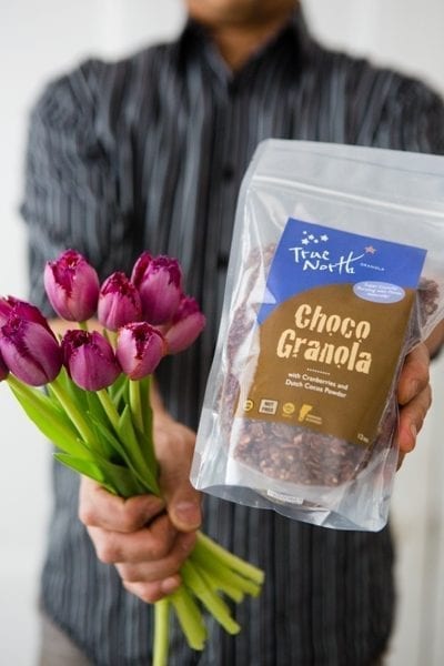 Valentine's Day picture of Choco Granola and a flower bouquet